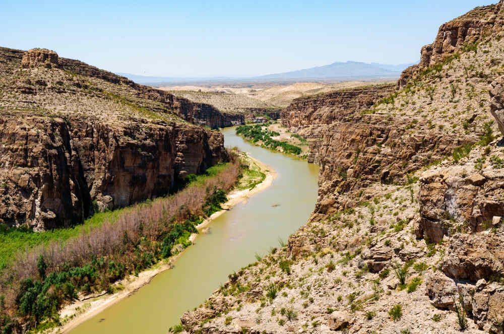 The Rio Grand River flowing through Big Bend National Park, cutting through canyons and mountains