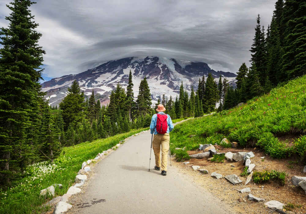 view of hiker with proper hiking gear at mount rainier national park