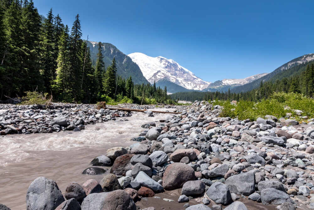 he Ohanapecosh River, flowing near Ohanapecosh Campground with trees and snow covered mountains in background
