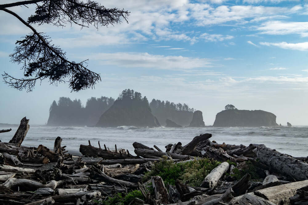 view of dramatic sea stacks, tide pools, and the expansive shoreline of Rialto Beach in olympic national park